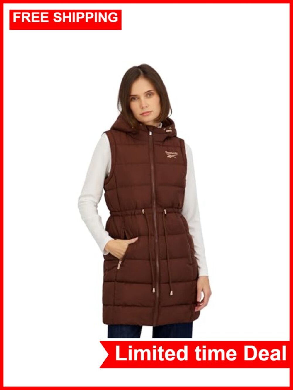 Long Puffer Vest With Hood Quilted Sleeveless Zip Up Fleece Lined